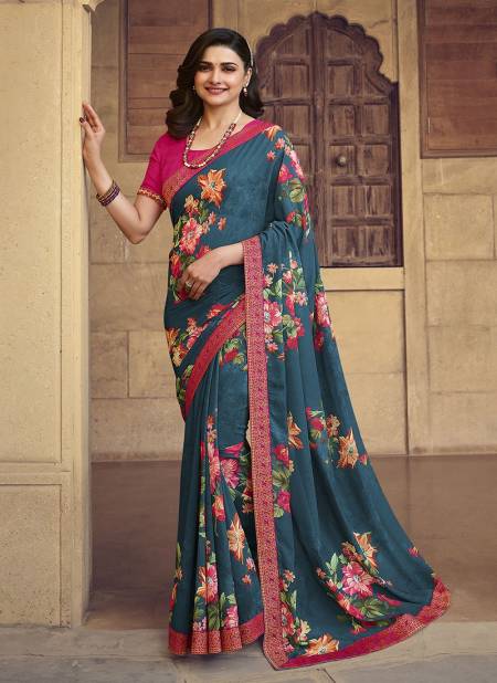 Teal Green Colour Fancy Party Wear Designer Georgette Printed Saree Latest Collection 23559